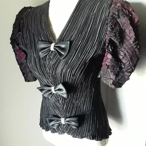 Vintage Karen Lawrence by Matthew lovely crinkle blk and purple puffy top size 8 - Picture 5 of 13
